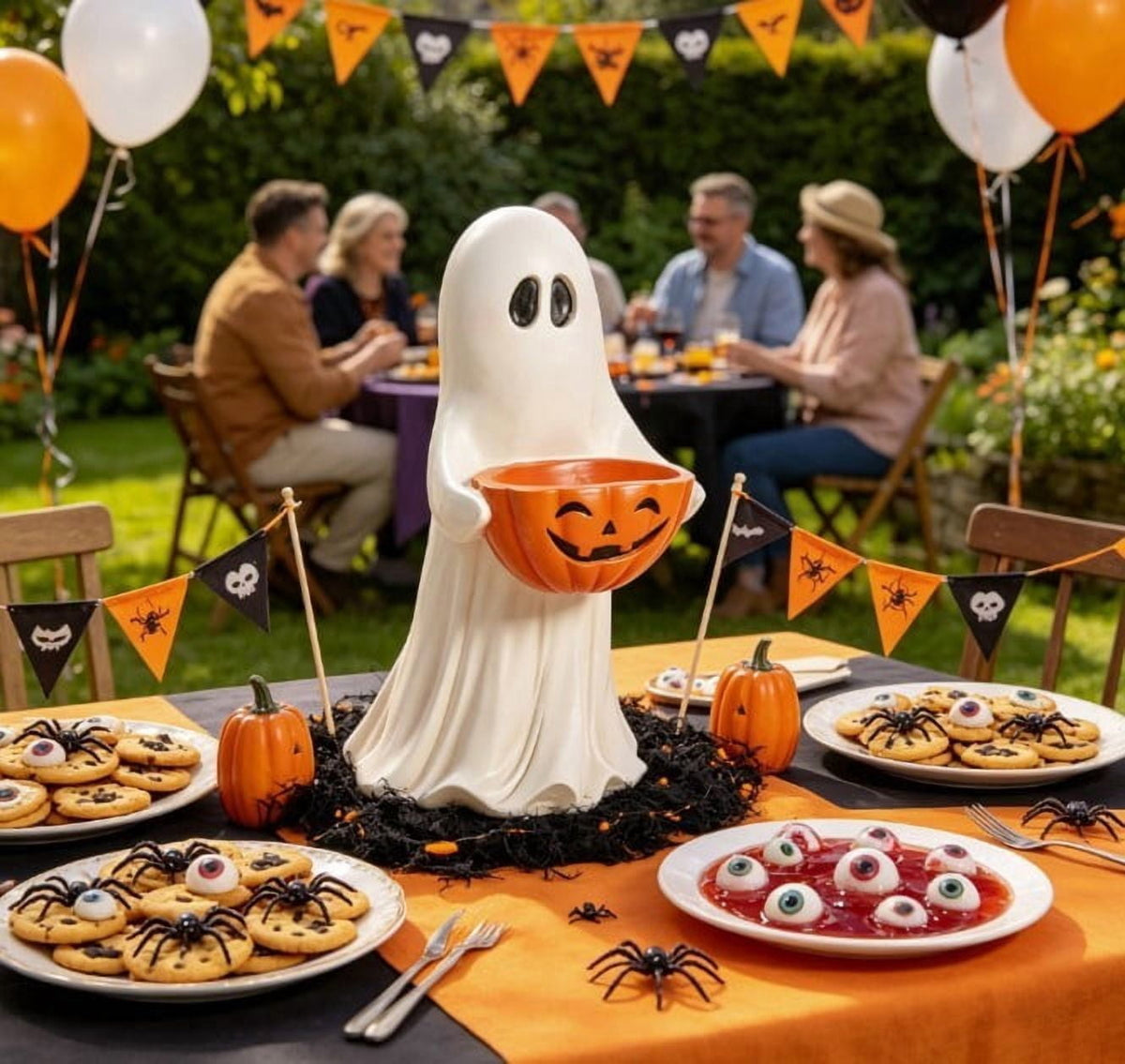 Lighted Halloween Ghost Candy Bowl, Cute LED Ghost Holding Pumpkin Candy Bucket for Trick or Treat, Outdoor Halloween Decorations for Front Porch, Indoor Yard Patio Halloween Decor