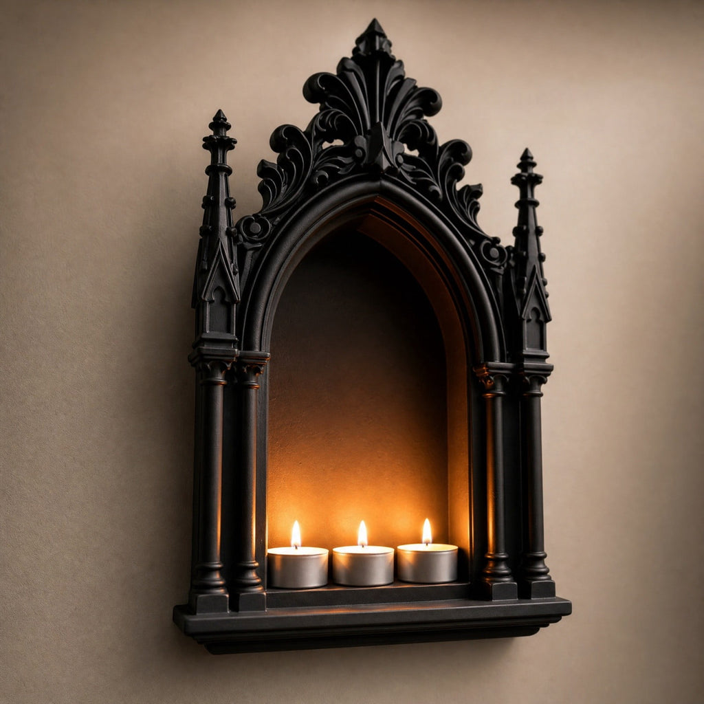 Gothic Wall Sconce,Medieval Candle Holder Black Arch Wall Decor Cathedral Style Hanging Accent For Bedroom Living Room Fireplace Entryway Halloween Theme Party Vintage Home Decoration Display