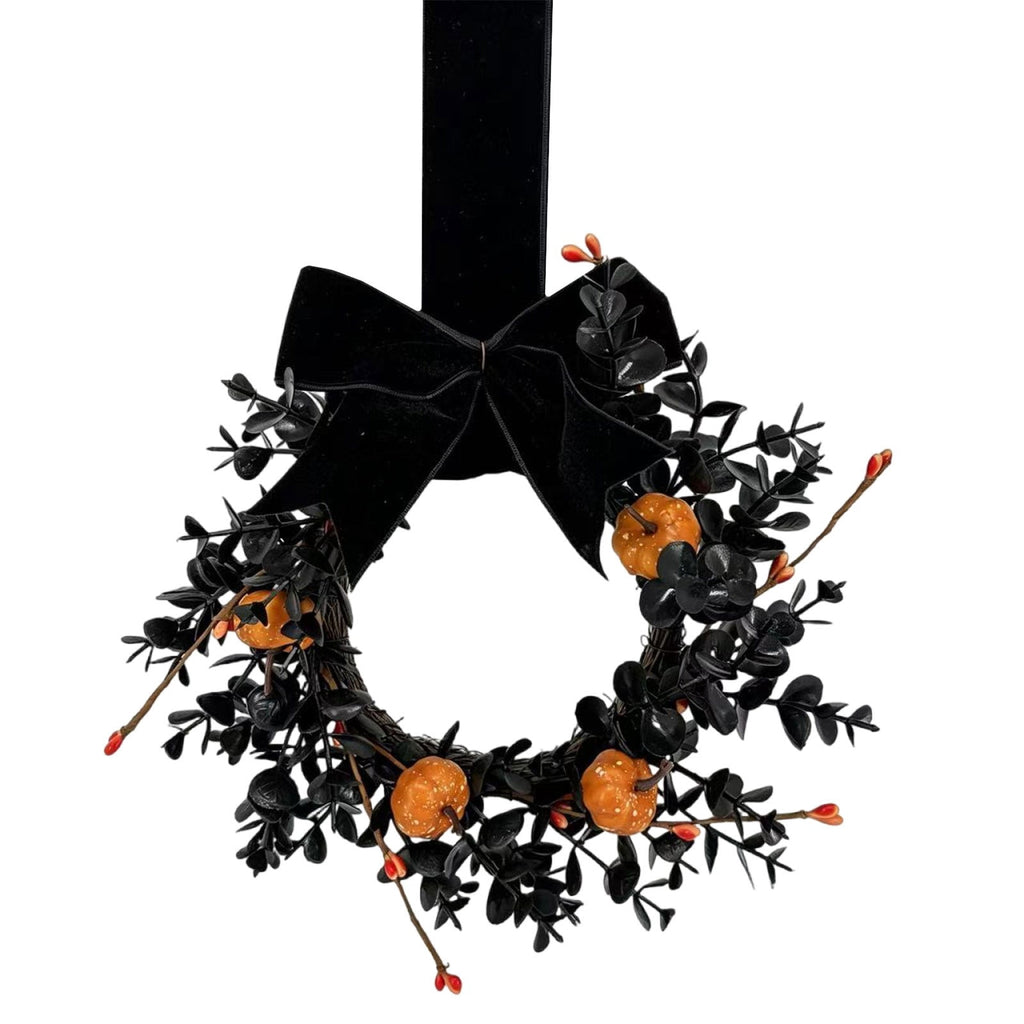 Halloween Wreath,Small Pumpkin Bow Wreaths for Front Door Kitchen Cabinet,Hanging Black Wreath for Autumn Holiday Halloween Decorations