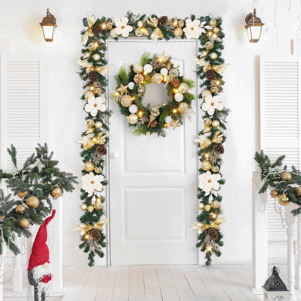 JoanKaren 24 inch Large Christmas Wreath Silver White with 20 LED Lights,Prelit Xmas Wreath w/ Ball Ornaments Pine Cone