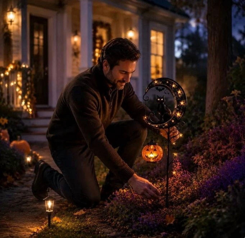 Clearance Halloween Solar Black Cat & Pumpkin Moon Garden Stake Light, Outdoor Waterproof LED Yard Decoration with Crescent Moon, Hanging Jack-o'-Lantern Lantern for Garden, Patio, Walkway, Porch