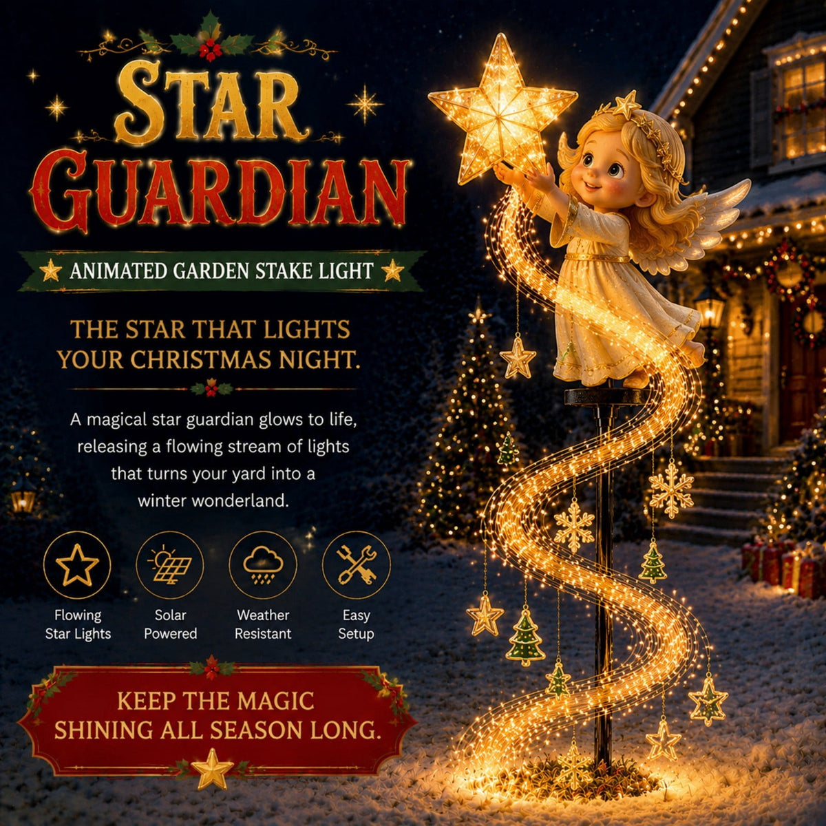 Luckky Christmas Bell Cascade Solar Yard Light,Solar Powered Flowing Star Bell Stake Light,Warm Yellow Outdoor Holiday Decor for Christmas Yard Decor（1 Pack）