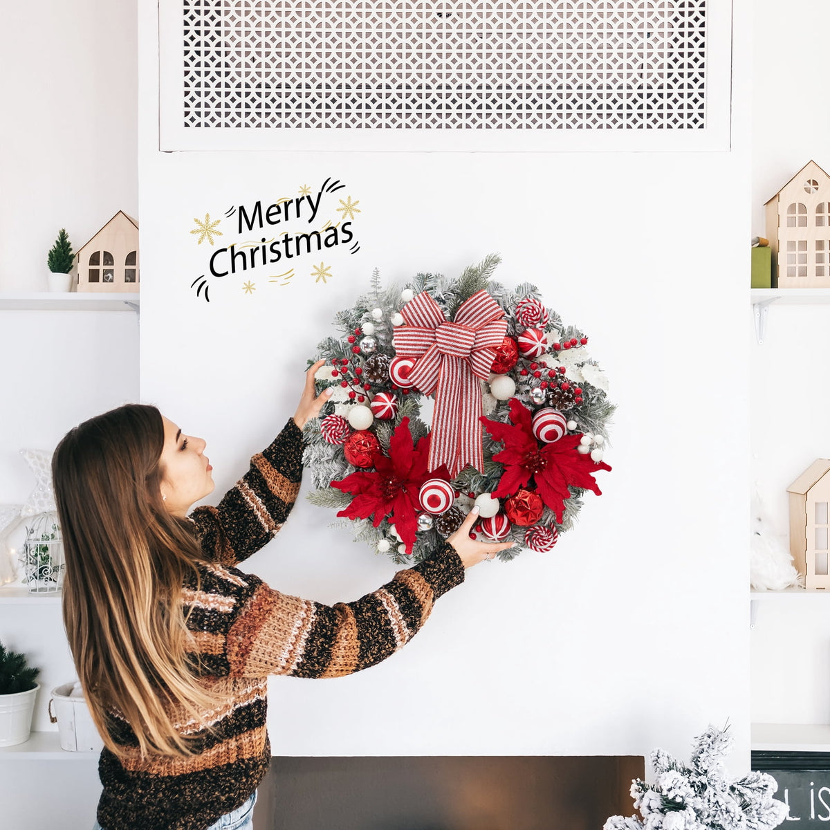 JoanKaren 24 inch Large Christmas Wreath Silver White with 20 LED Lights,Prelit Xmas Wreath w/ Ball Ornaments Pine Cone