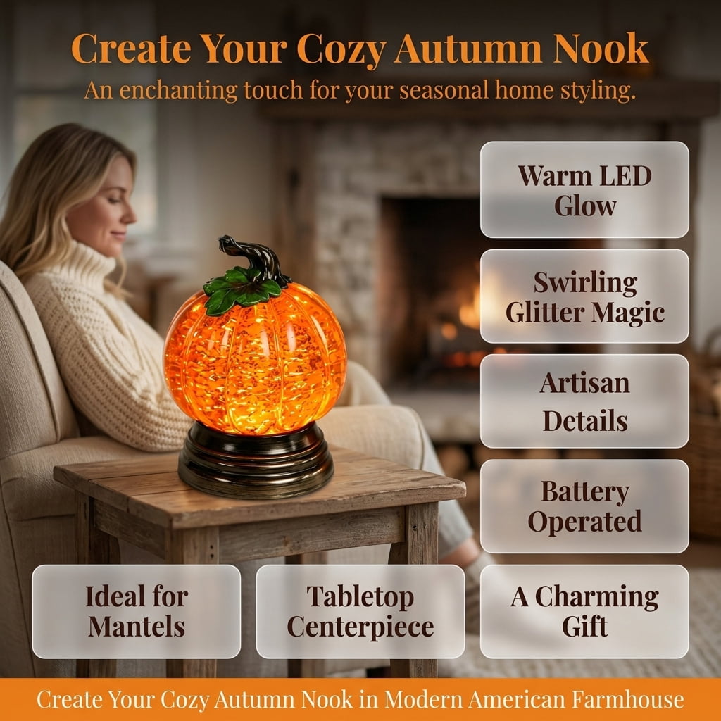 Halloween Pumpkin Snow Glitter Globe, Lighted Orange LED Fall Decor, Thanksgiving Centerpiece Seasonal Gift