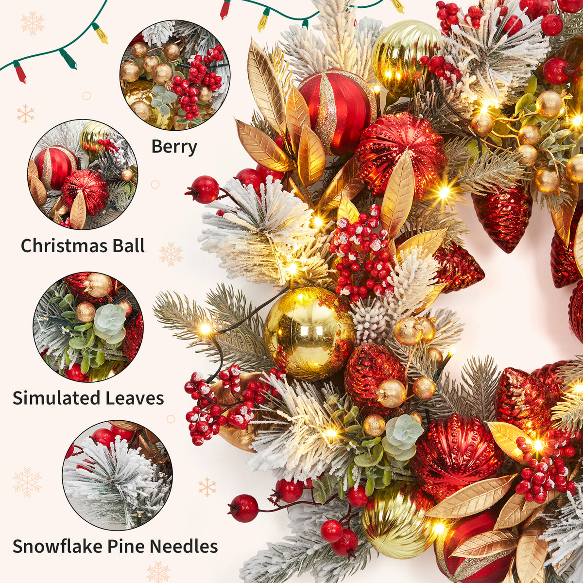 JoanKaren 24 inch Large Christmas Wreath Silver White with 20 LED Lights,Prelit Xmas Wreath w/ Ball Ornaments Pine Cone