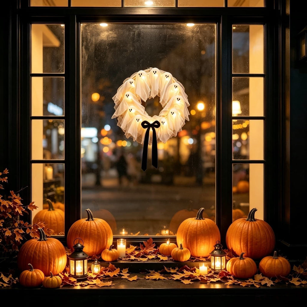 Gcvizuso Halloween Crescent Floral Wreath, Orange Red Rose Hydrangea Fall Front Door Decor for Autumn Harvest Celebration