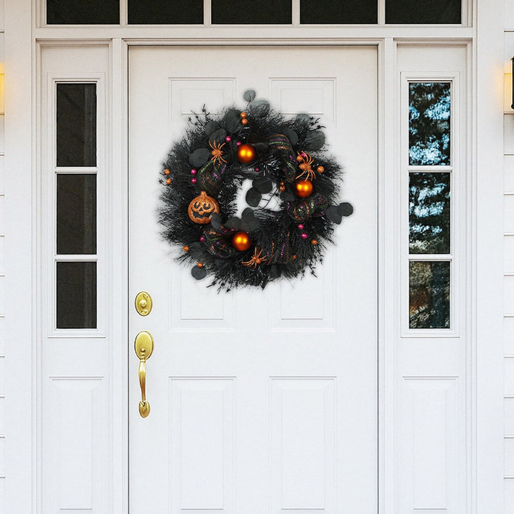 Halloween Wreath with Lights for Front Door, Collapsible Pre-Lit Wreath with Pumpkin Halloween Decorations for Home Wall Decor