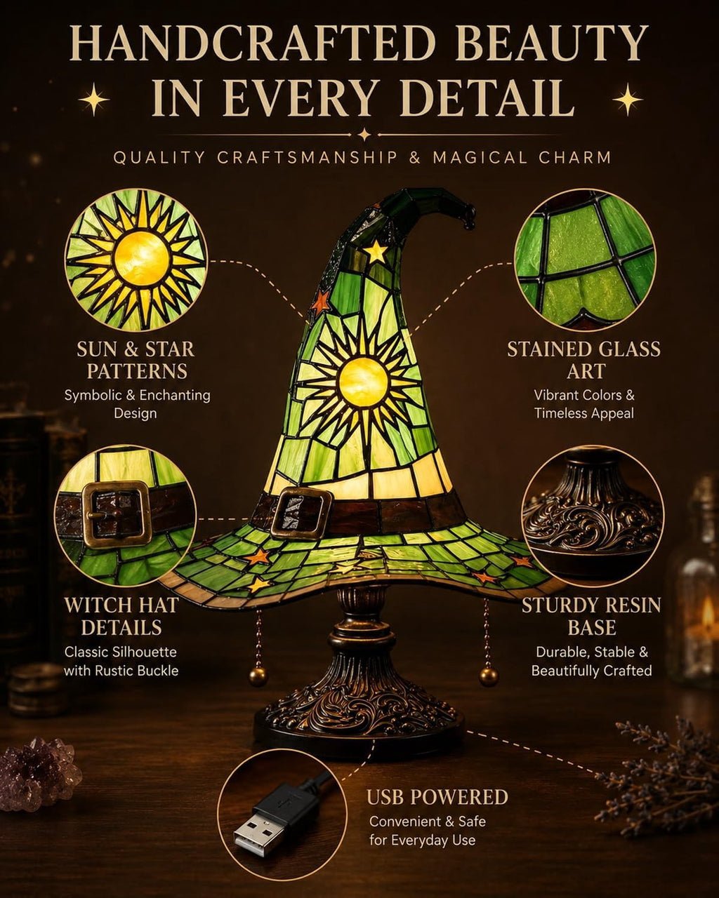 Clearance Witch Hat Lamp, Halloween Nigh Light Handcrafted Retro Resin Witch Hat Light, Usb Powered, Gothic Halloween Decorations for Bedroom
