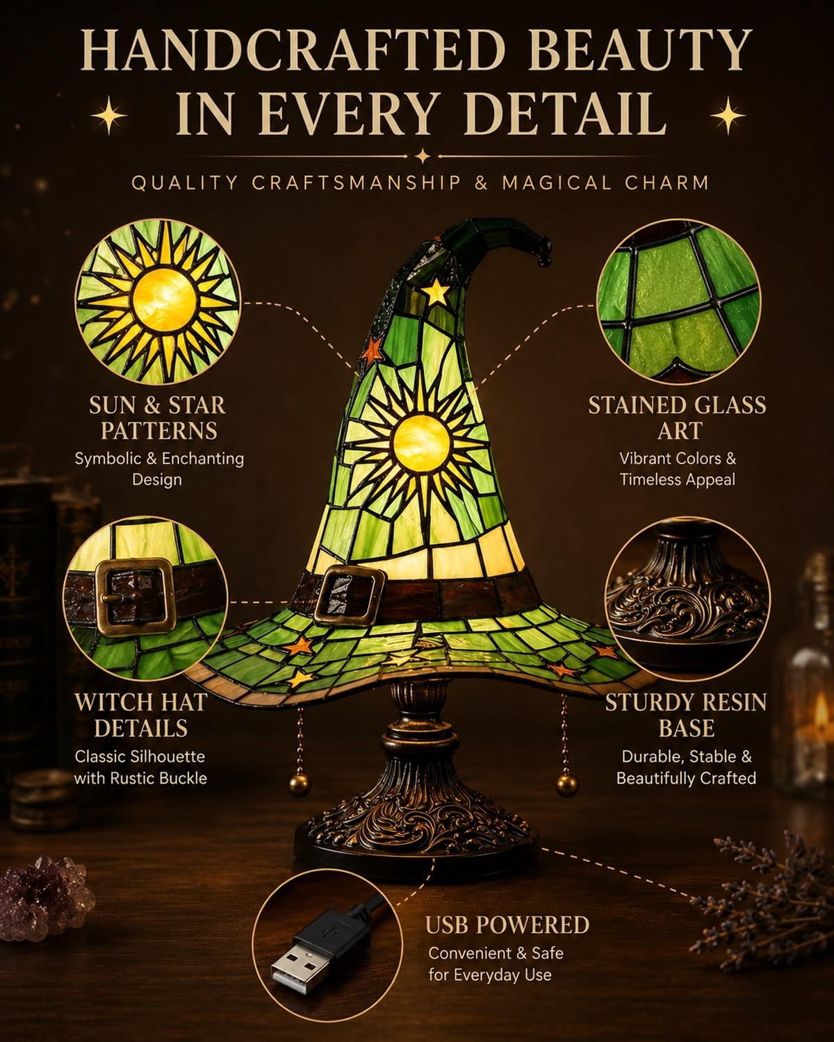 Clearance Witch Hat Lamp, Halloween Nigh Light Handcrafted Retro Resin Witch Hat Light, Usb Powered, Gothic Halloween Decorations for Bedroom