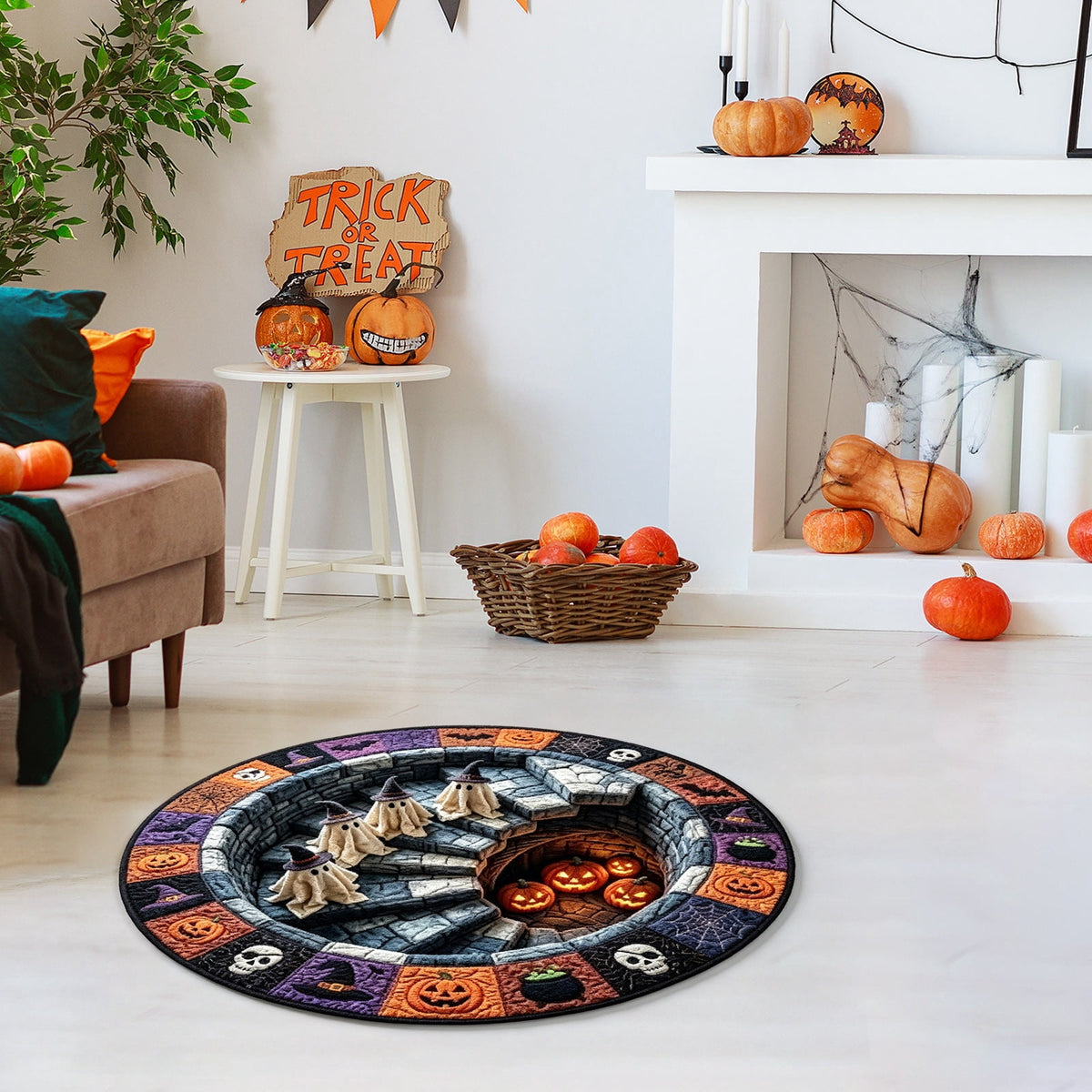 3D Illusion Halloween Round Rug 15.7 Inch, Ghost Pumpkin Spiral Staircase Print Decorative Floor Mat for Entryway Living Room Bedroom Indoor Holiday Home Decoration