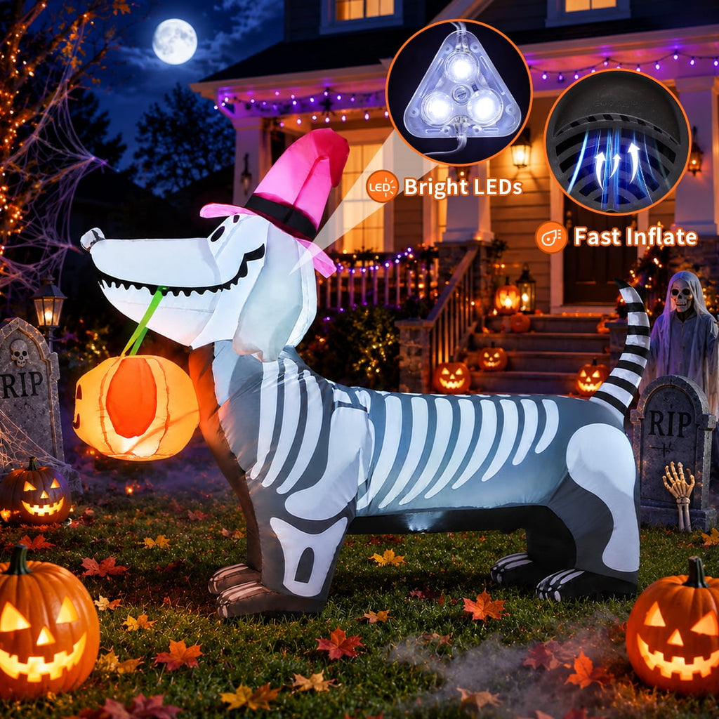 GOOSH Halloween Inflatables 5.7 FT Halloween Inflatable Dog with Build-in LEDs, Inflatable Skeleton Dachshund Dog Halloween Skeleton Puppy Inflatable, Outdoor Halloween Decorations for Holiday Party