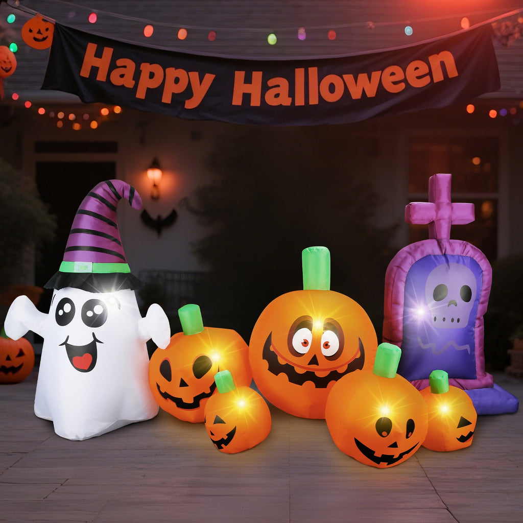 MAGOTAN 8 ft Halloween Inflatable Pumpkin Halloween Inflatable Pumpkins Ghost Tombstone Outdoor Yard Decoration Build-in 7 LED White Lights