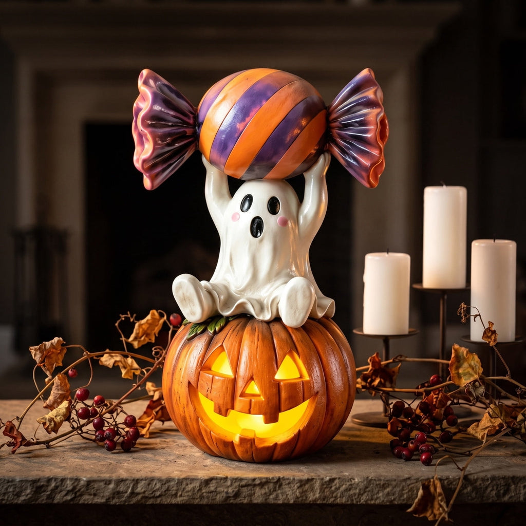 Halloween Ghost Figurine, Ghost Girl with Pink Bow & Hot Drink, Funny Ghost Statue Halloween Decor for Gift, Cute Spooky Tabletop Ornament for Home, Mantle, Desk & Party Decoration