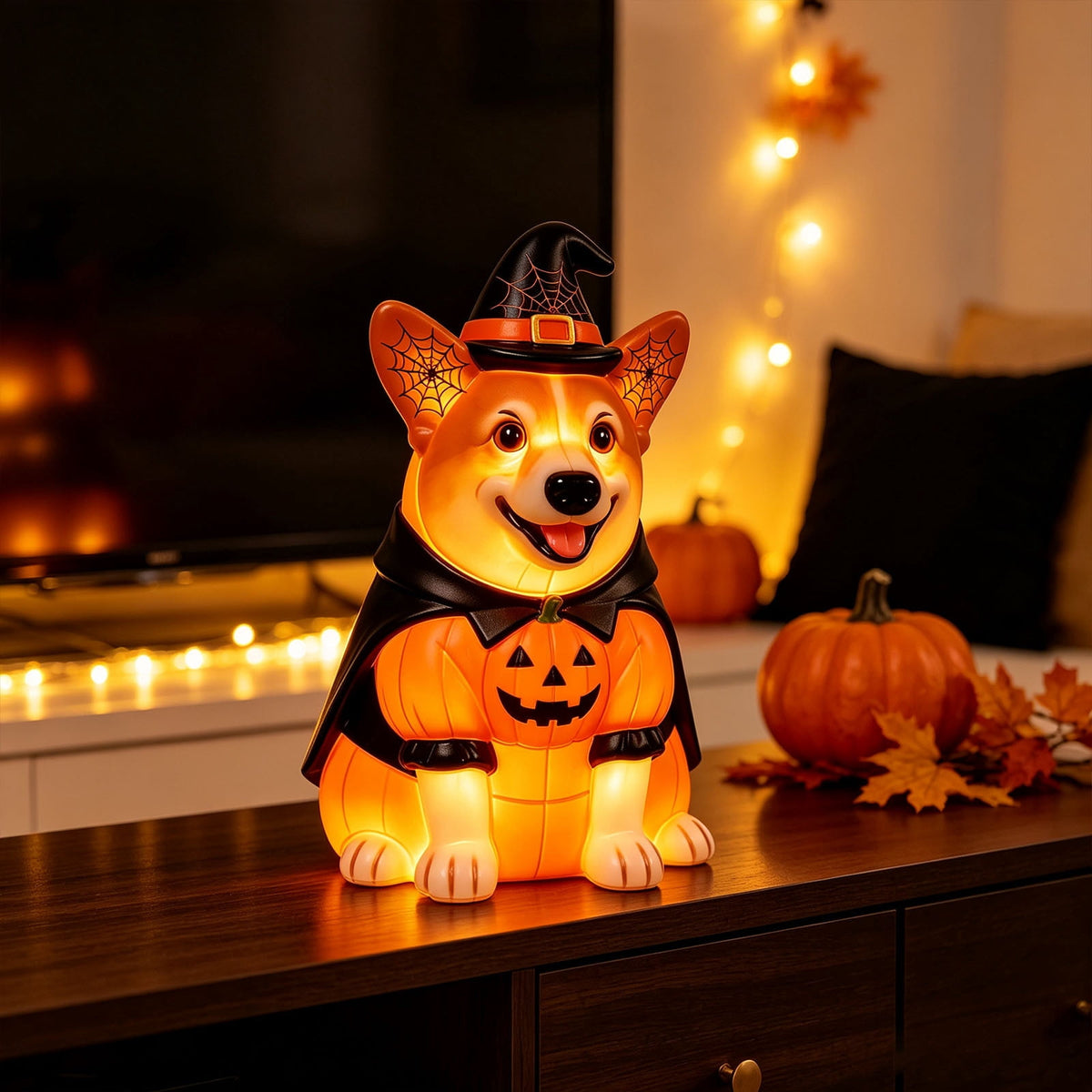 Clearance! Halloween Light‑Up Dog Figurine, 7.9in Scarecrow Dog Statue with Glowing Pumpkin, Waterproof Resin Table Yard Decor