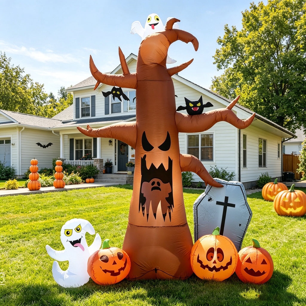 Coolmade 8 ft Halloween Inflatable Outdoor Dead Tree with Ghosts Pumpkins Tombstone Bat, Halloween Blow Up Yard Decorations Clearance with Build-in LED Lights for Holiday Party Lawn Yard Garden