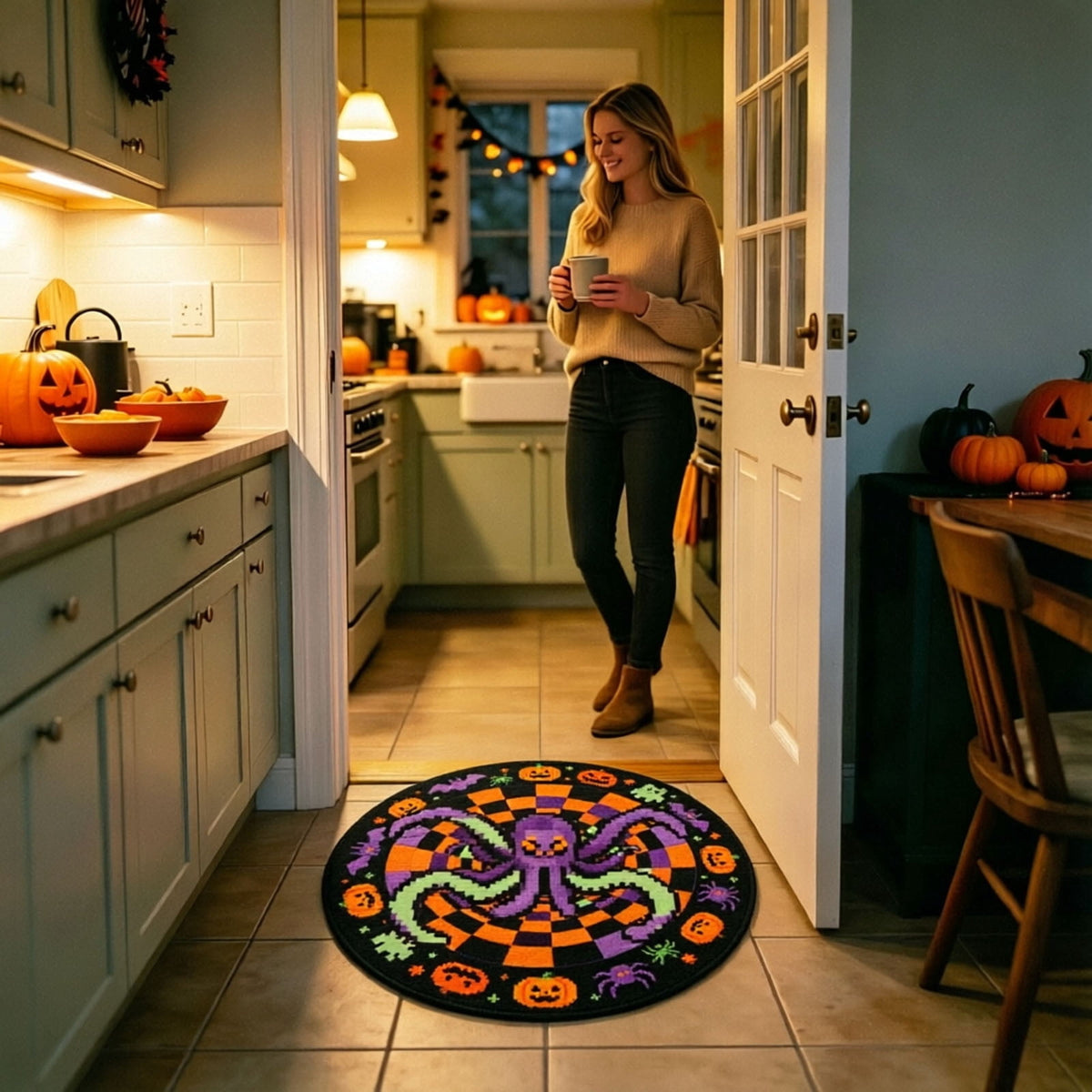 Candy Corn Octopus Abyss Quilted Round Mat, 3D Halloween Optical Illusion Rug, Optical Illusion with Depth Pattern, Non- Soft Fabric (15.7in)