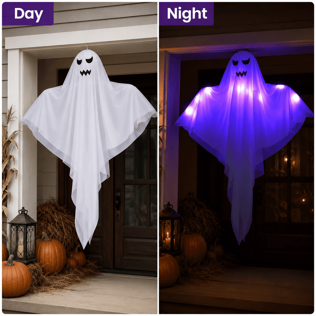 Clearance Light Up Hanging Ghost Decor, White Gauze Ghost Ornament with Blue LED Lights, Halloween Hanging Decoration for Front Door Porch Yard Tree Party Indoor Outdoor