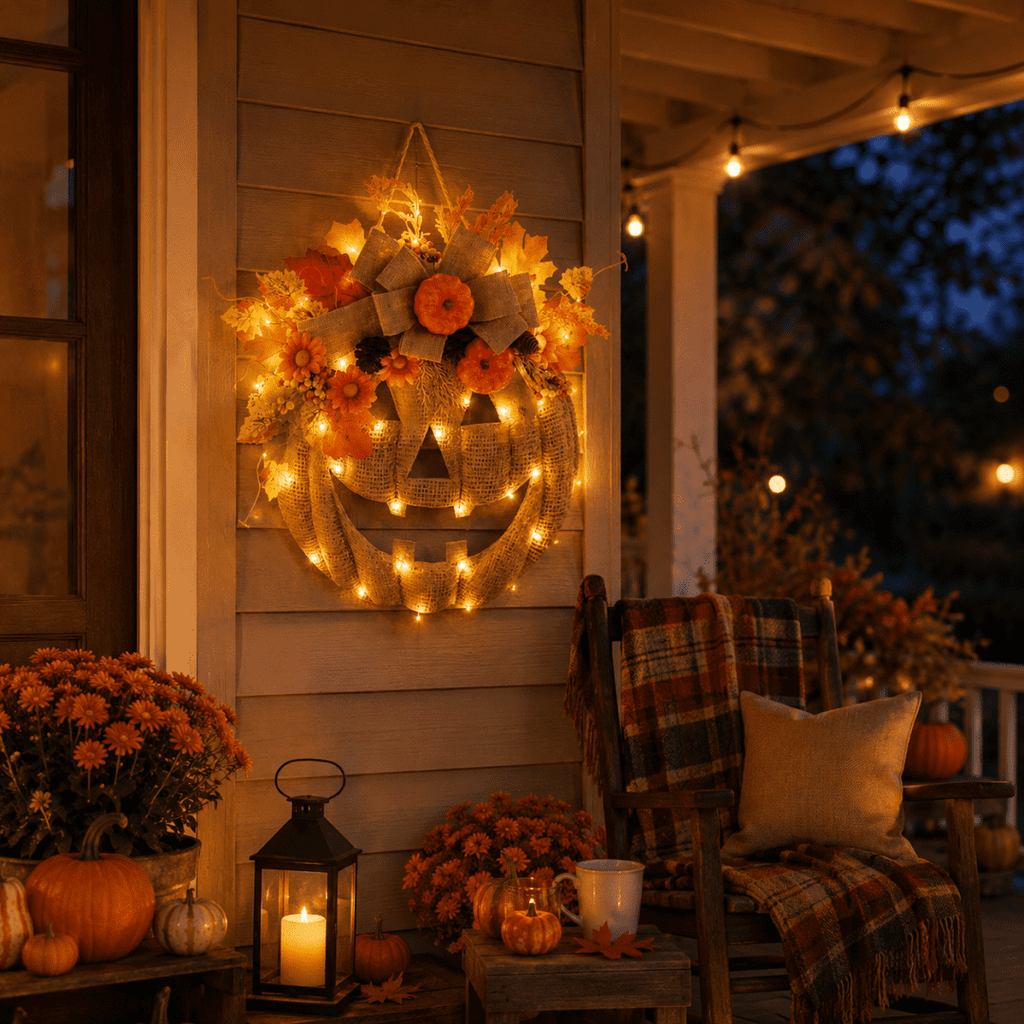 Lighted Burlap Pumpkin Wreath with Remote Control 🎃✨ Cozy Fall Door Decor with 8 Light Modes & Warm LED Glow Halloween Decor