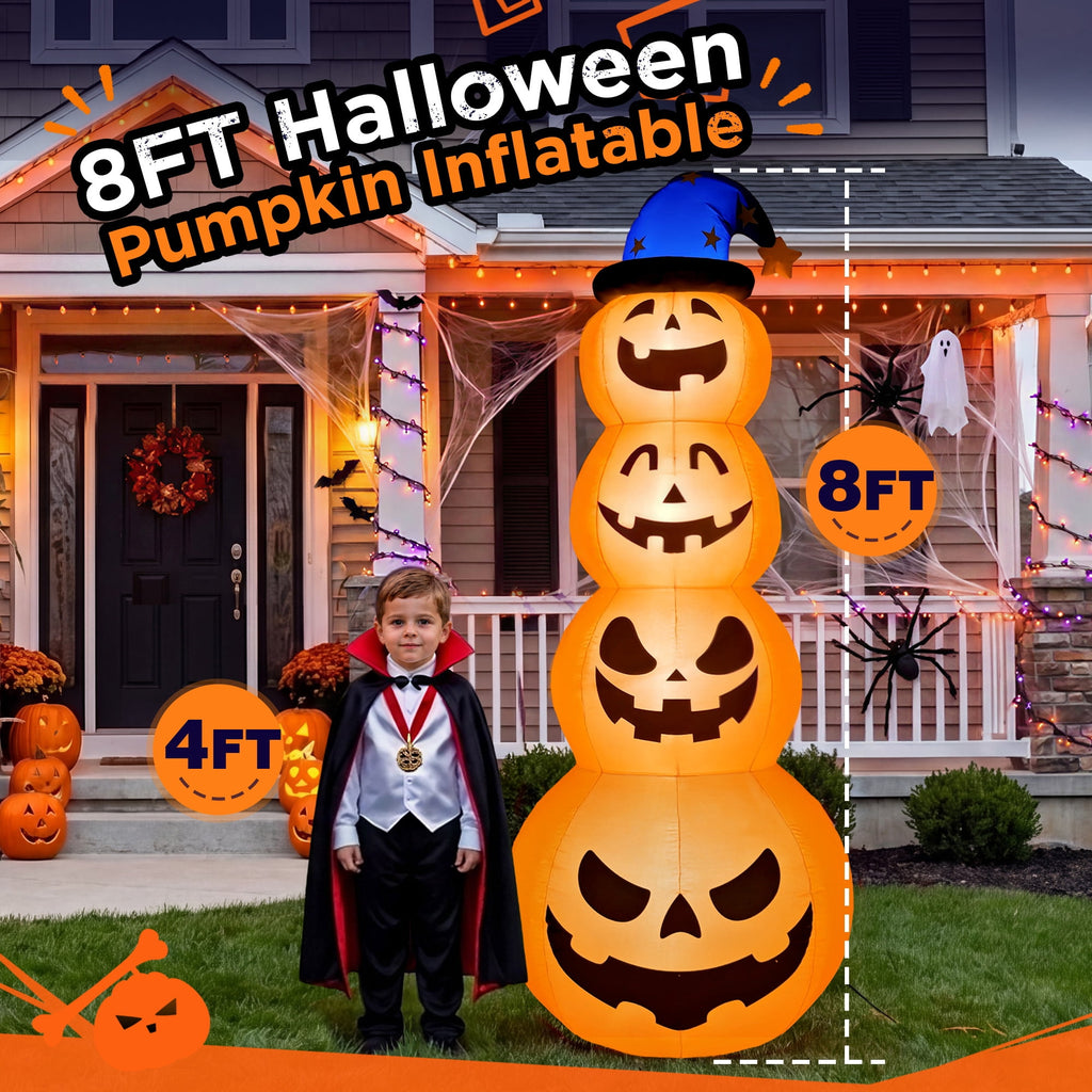 Goosiay 8ft Halloween Inflatable, Stacked Pumpkins with Witch Hat and Built-in LED Lights, Outdoor Blow up Yard Decor for Lawn, Garden, Porch and Halloween Party, Orange