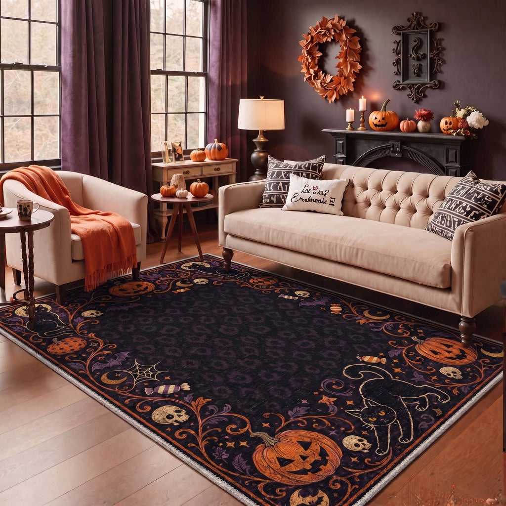 GENIMO 5'x7' Halloween Area Rug for Living Room, Washable Non Slip Soft Vintage Pumpkin Indoor Rug for Bedroom Dining Room Home Office, Antique Moss