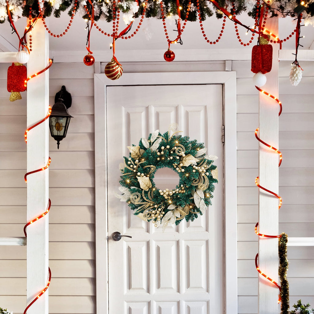 JoanKaren 24 inch Large Christmas Wreath Silver White with 20 LED Lights,Prelit Xmas Wreath w/ Ball Ornaments Pine Cone