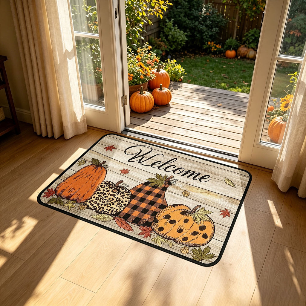 Yhmxh Fall Pumpkin Decorative Door Mat, Autumn Harvest Welcome Entryway Rug, Non‑Slip Absorbent Front Doormat, Seasonal Floor Mat for Indoor Outdoor Halloween Home Decoration 15.7x23.6 Inch