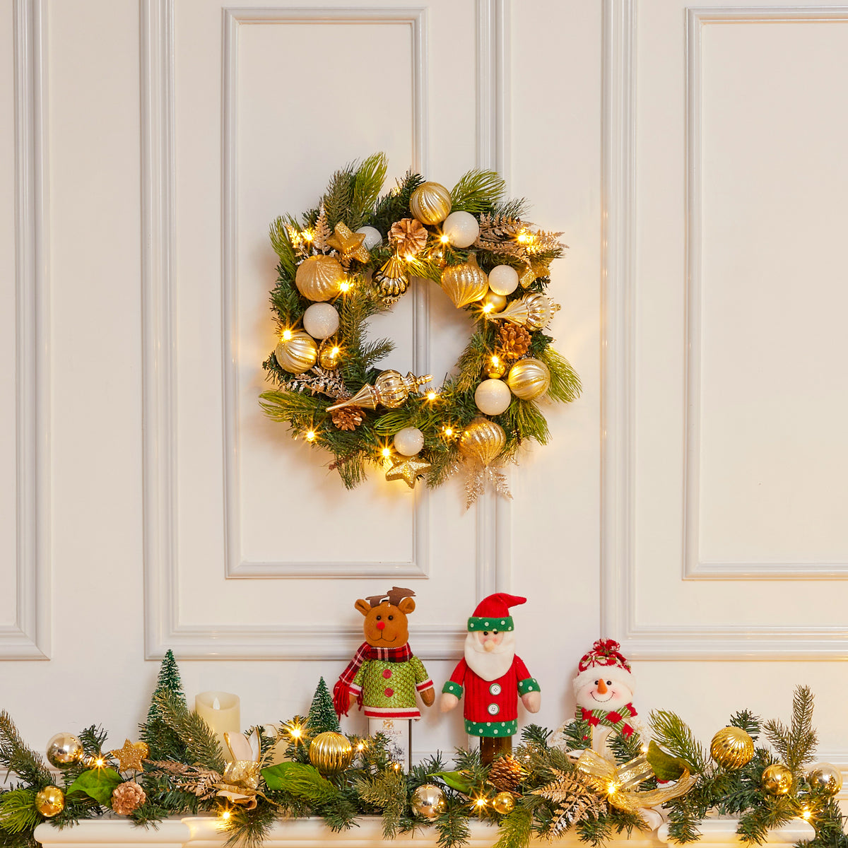 JoanKaren 24 inch Large Christmas Wreath Silver White with 20 LED Lights,Prelit Xmas Wreath w/ Ball Ornaments Pine Cone