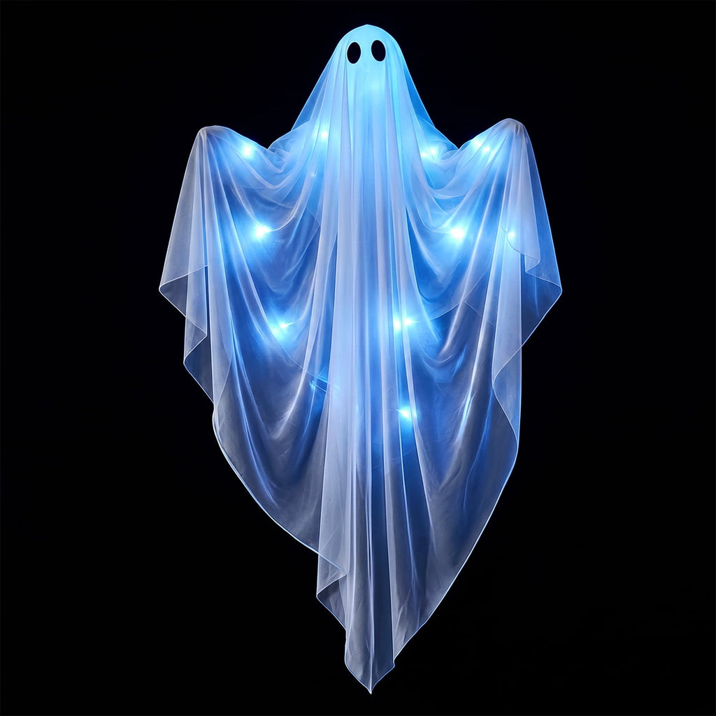 Ayieyill Halloween Ghost Decor with Blue LED Light, 47” Light up Hanging Ghost Halloween Yard Porch Decorations Outdoor