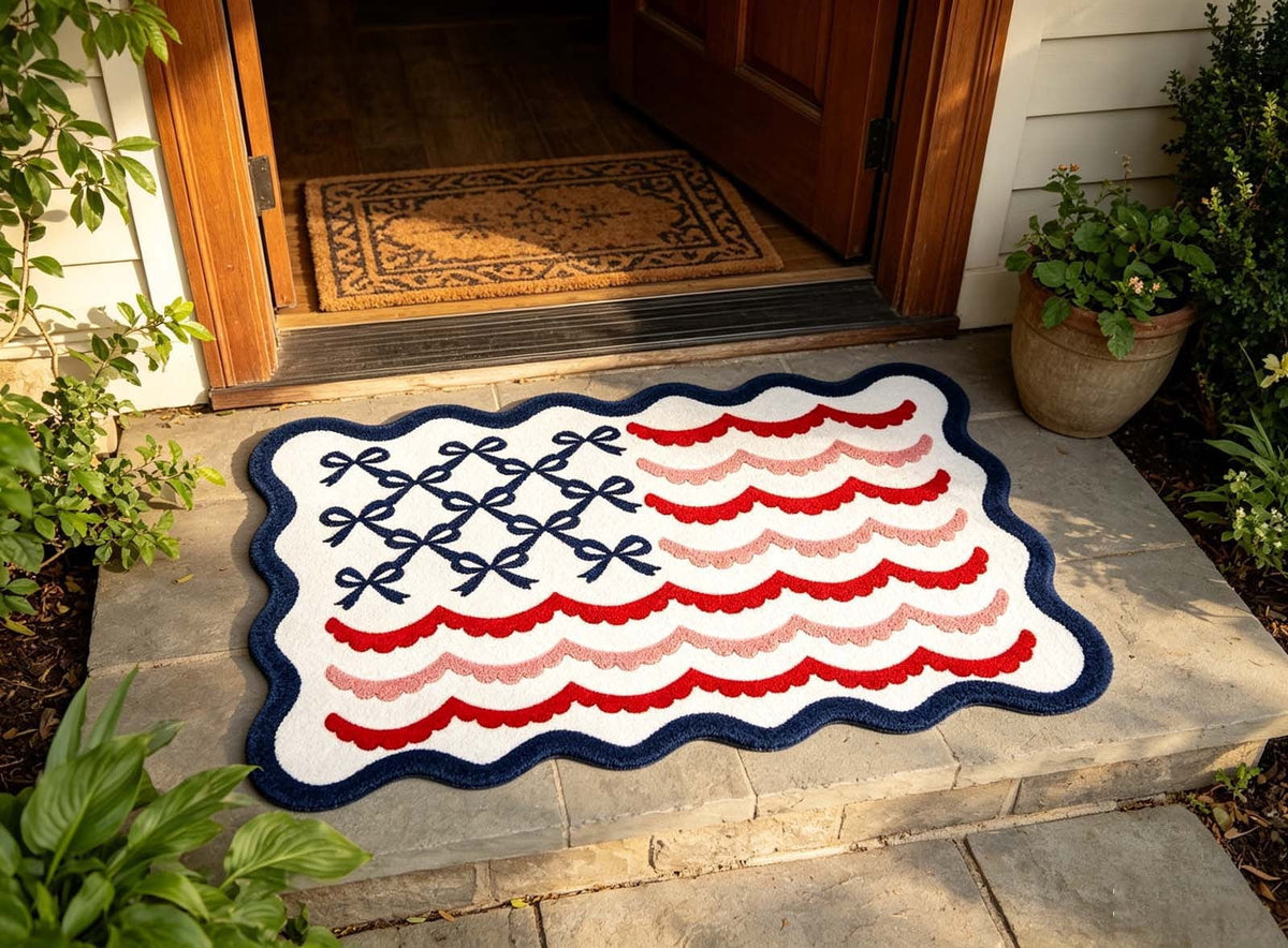 Patriotic Door Mat 4th of July Bow Flag Floor Doormats Independence Day Star Welcome Non Slip Mats for Front Porch Decor 16*24in Black