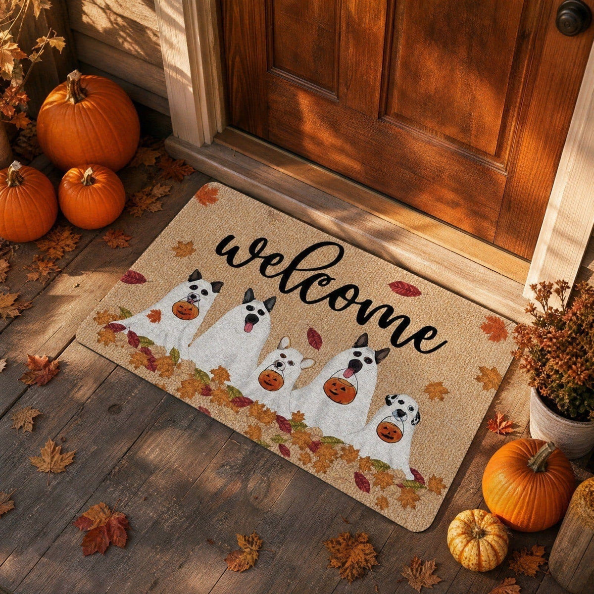 Bklubk Welcome Ghost Dog Pumpkin Maple Leaf Halloween Front Door Mat Fall Season Entryway Decor Rug