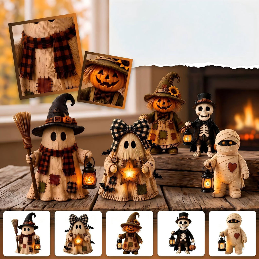XHKUYI Halloween Scarecrow Pumpkin Figurine 6 inch, Handcrafted 3D Resin Witch Hat Scarecrow with Glowing Lanterns, for Halloween Home Party Tabletop Mantel Shelf Decor
