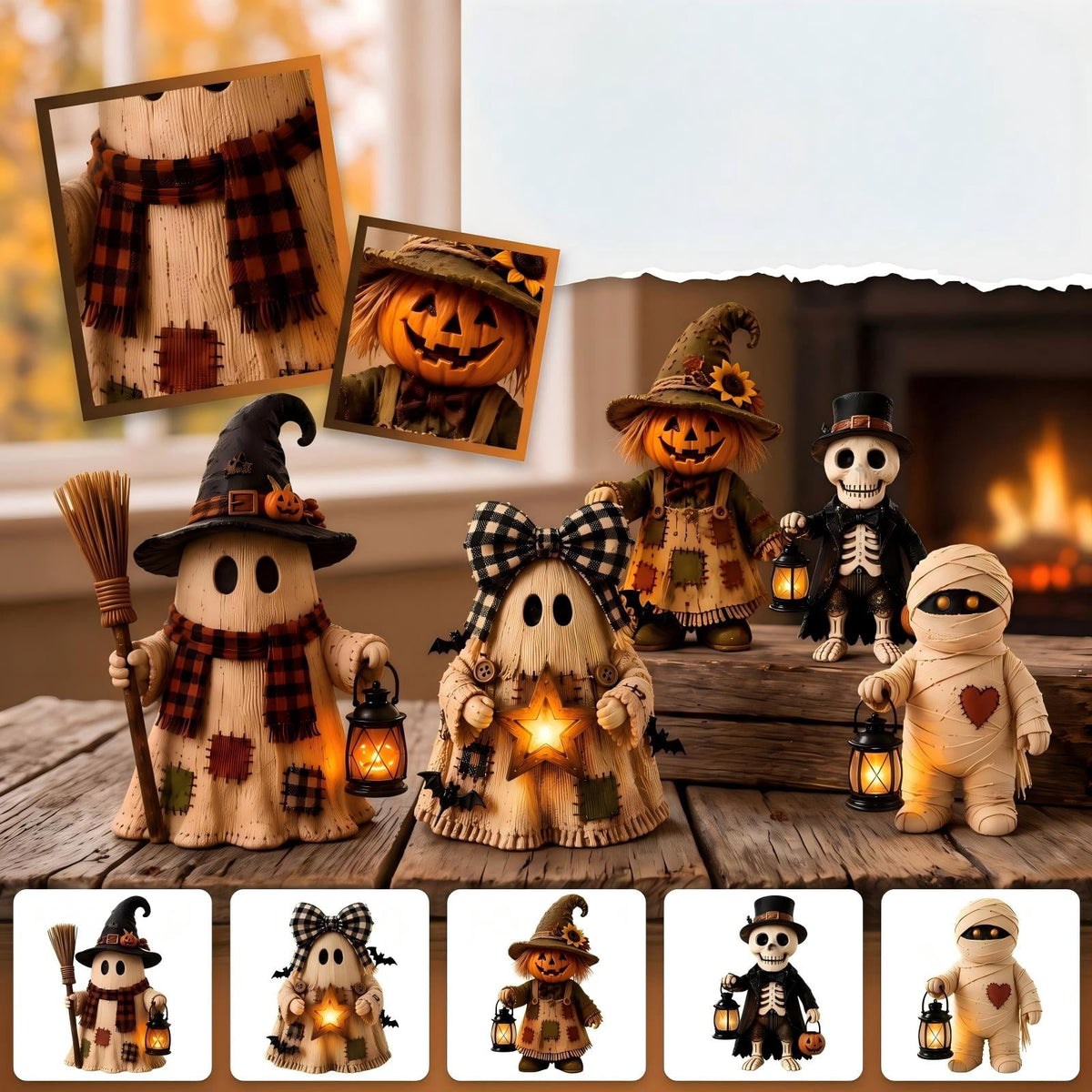 XHKUYI Halloween Scarecrow Pumpkin Figurine 6 inch, Handcrafted 3D Resin Witch Hat Scarecrow with Glowing Lanterns, for Halloween Home Party Tabletop Mantel Shelf Decor