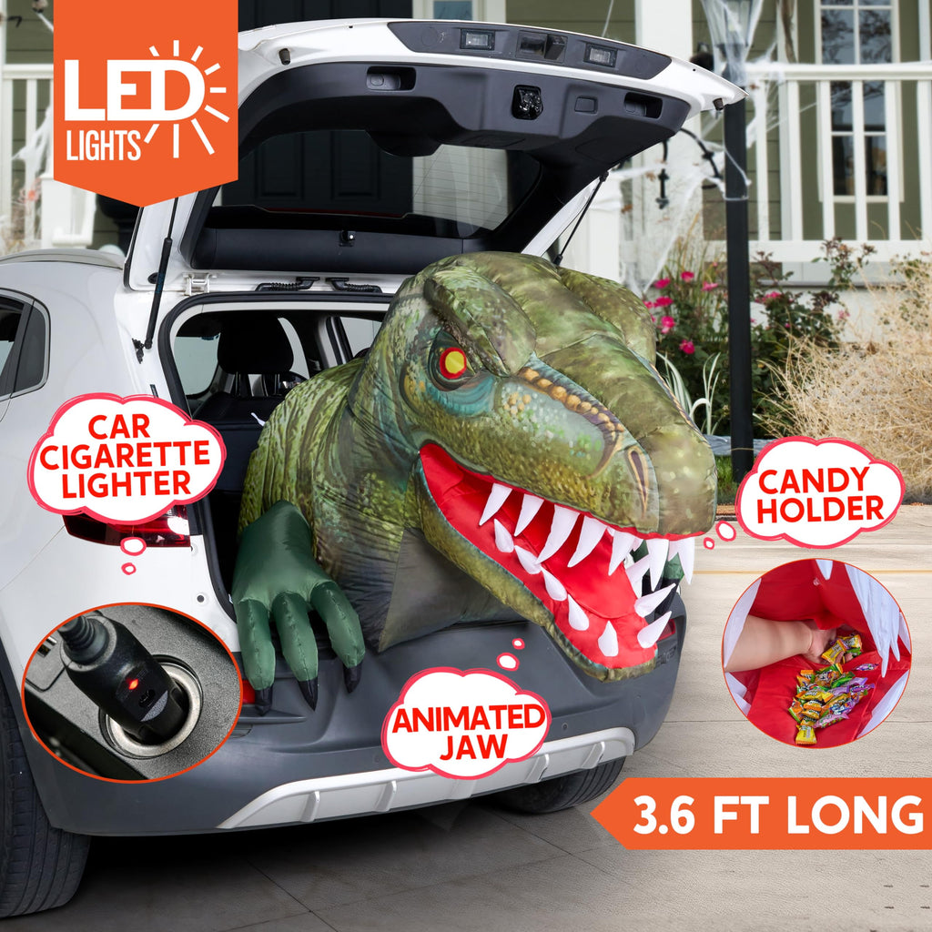 Joyfy 3.6 ft Animated Halloween Inflatable Dinosaur Decoration,Trunk or Treat Car Decorations Kit Dinosaur with Built-in LED Light for Halloween Party Indoor,Outdoor,Yard,Garden Decor