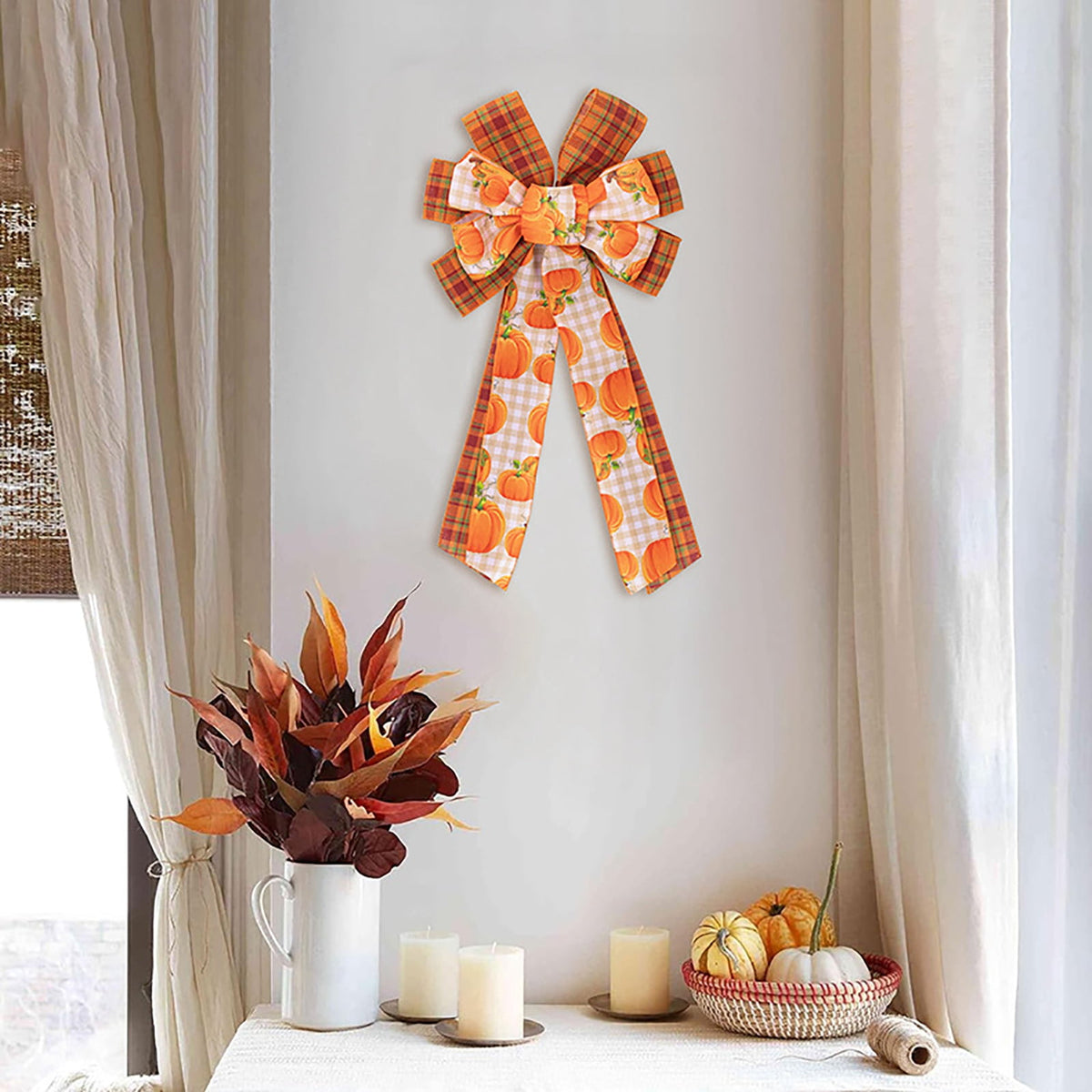 Large Thanksgiving Fall Bow For Wreaths Decorations For Home, Halloween Tree Topper Bow, Pumpkin Bow With Orange Buffalo Plaid Burlap For Front Door Wreath Home Indoor Outdoor Decor