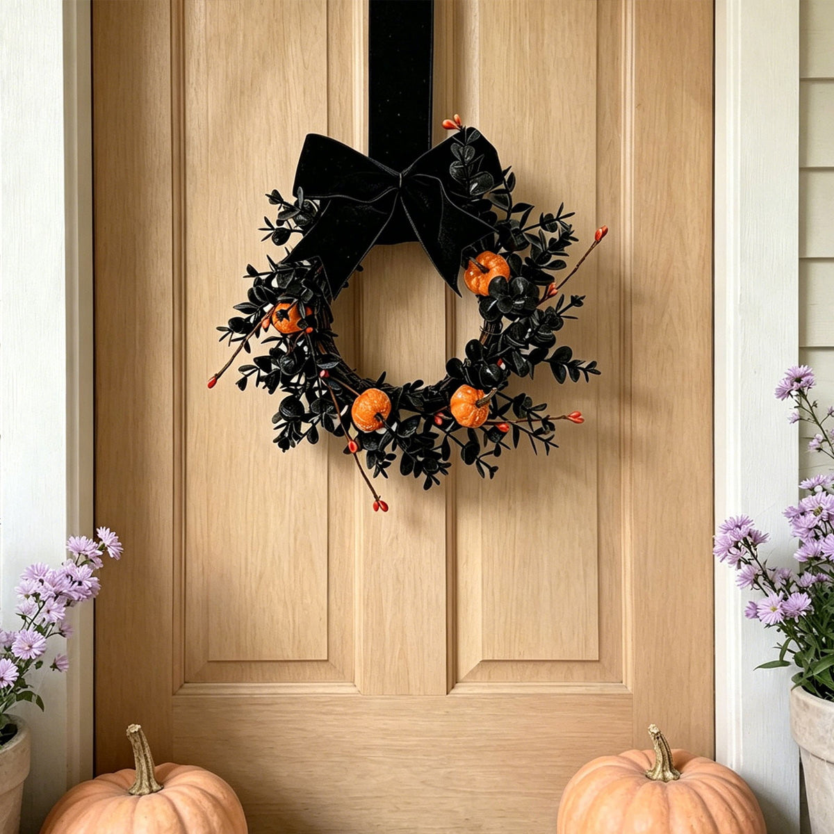 Halloween Wreath,Small Pumpkin Bow Wreaths for Front Door Kitchen Cabinet,Hanging Black Wreath for Autumn Holiday Halloween Decorations