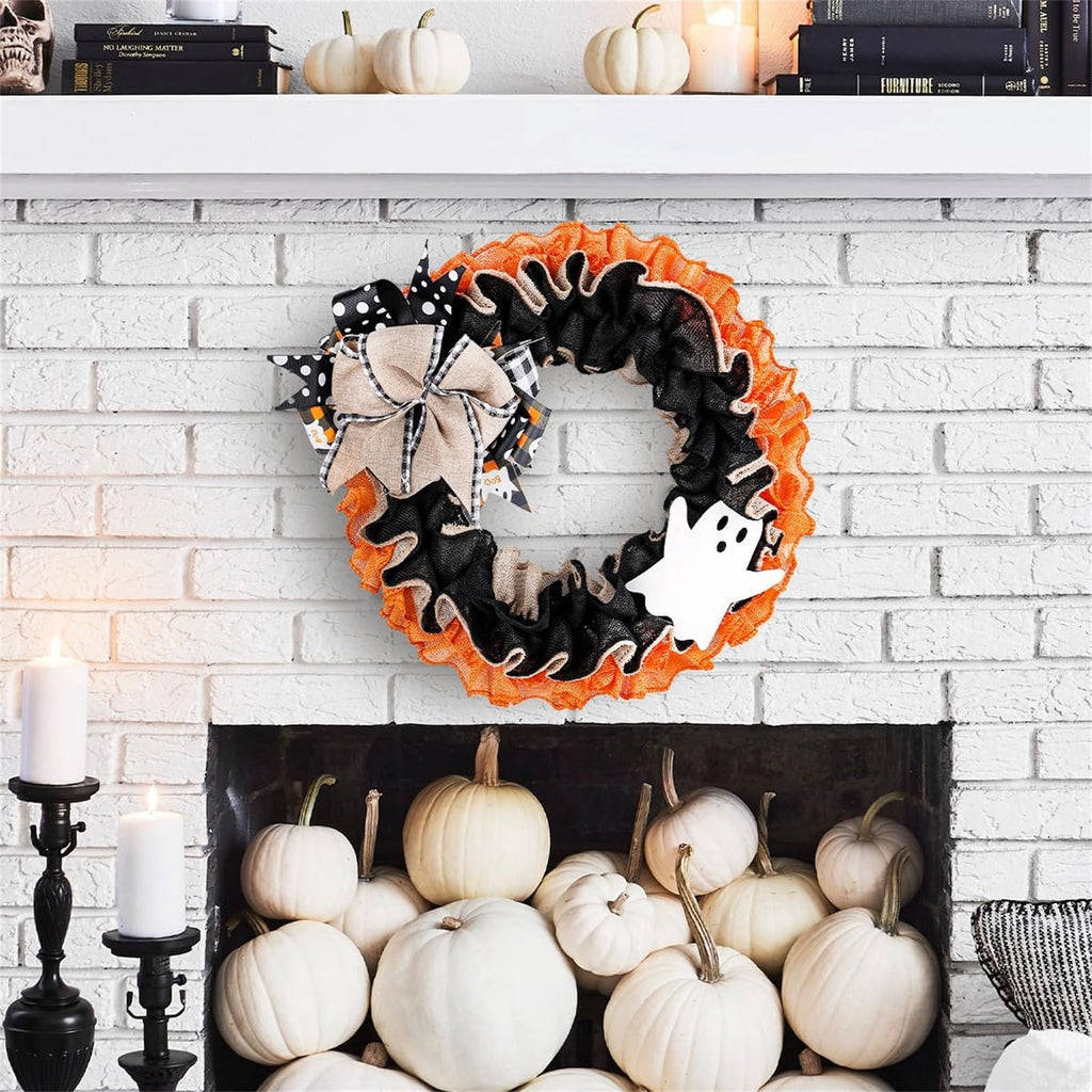 Halloween Boo Ghost Wreath, Burlap Wreath with Bows for Front Door, Farmhouse Favors Trick of Treat Propse for Window Wall Decor