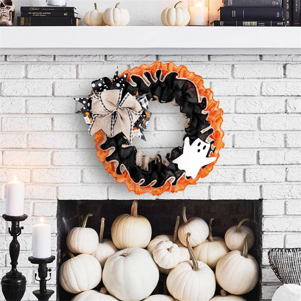 Halloween Ghost Burlap Wreath, Buffalo Plaid Ribbon Front Door Wreath, Spooky Ghost Hanging Garland for Home Porch Wall Fall Halloween Decor 38cm