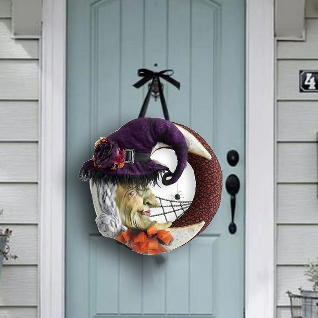 CASAFUN Halloween Decorations, Mummy Halloween Wreath with Witch and Spider,Halloween Moon Wreath Fun Halloween Porch Decor Resin Wreath, Porch Decor Resin Wreath