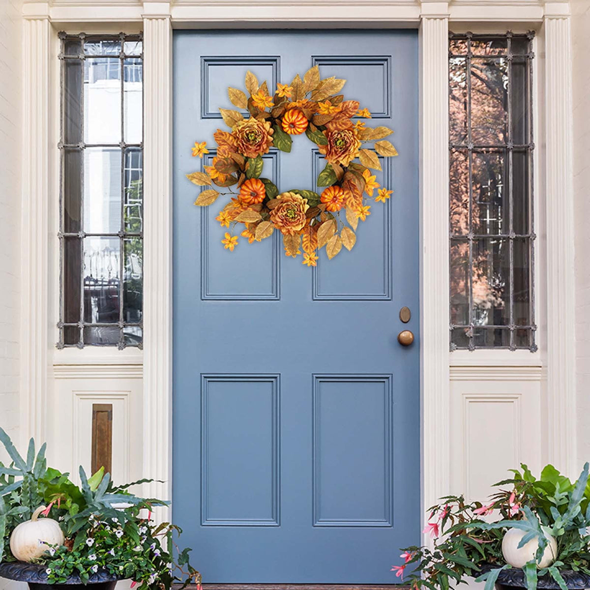 YIKA Halloween Decoration Fall Peony And Pumpkin Wreath Colorful Decorative Garland Home Decoration And Ornaments Suitable For Decoration In Multiple Scenarios F3Halloween Yard Decor