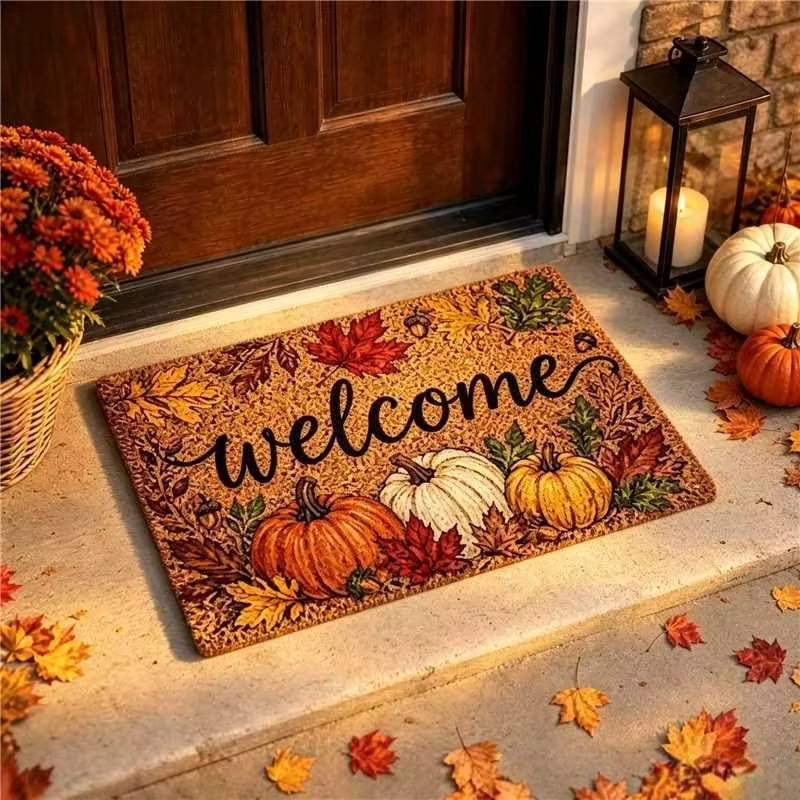 Fall Thanksgiving Welcome Doormat with Pumpkin Maple Leaf Design 15.75 x 23.62 Inch Crystal Velvet Seasonal Rug for Entryway Kitchen Home Decor