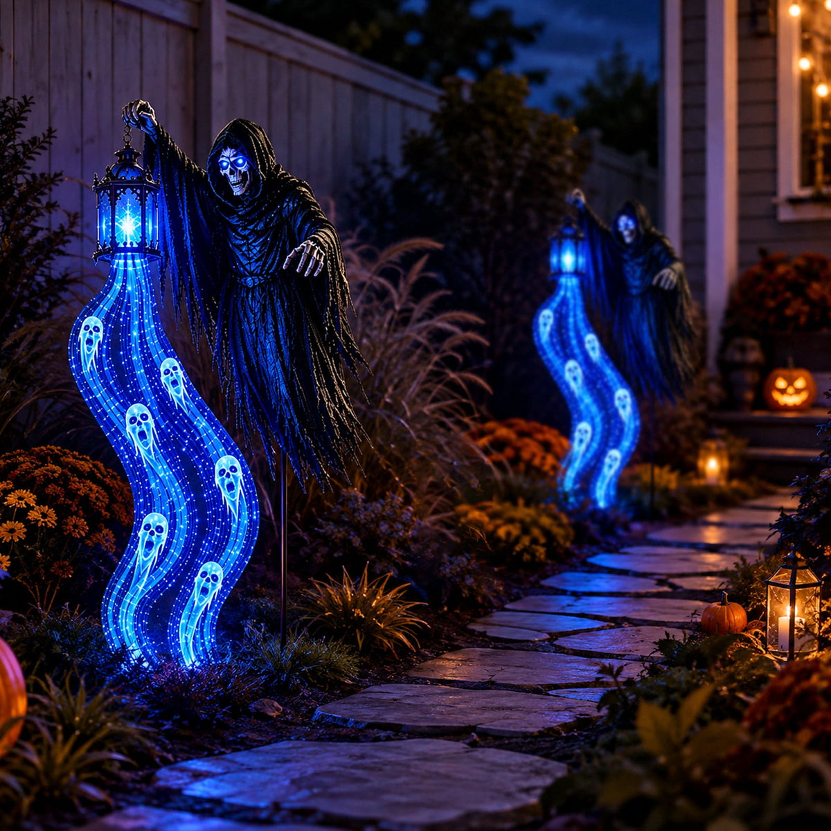 Halloween Soul Harvester Animated Solar Garden Stake Light, Spooky Skeleton Reaper with Cascading Blue Souls, 31.5 Inch Solar Ghost Yard Stake for Cemetery Lawn Outdoor Decor