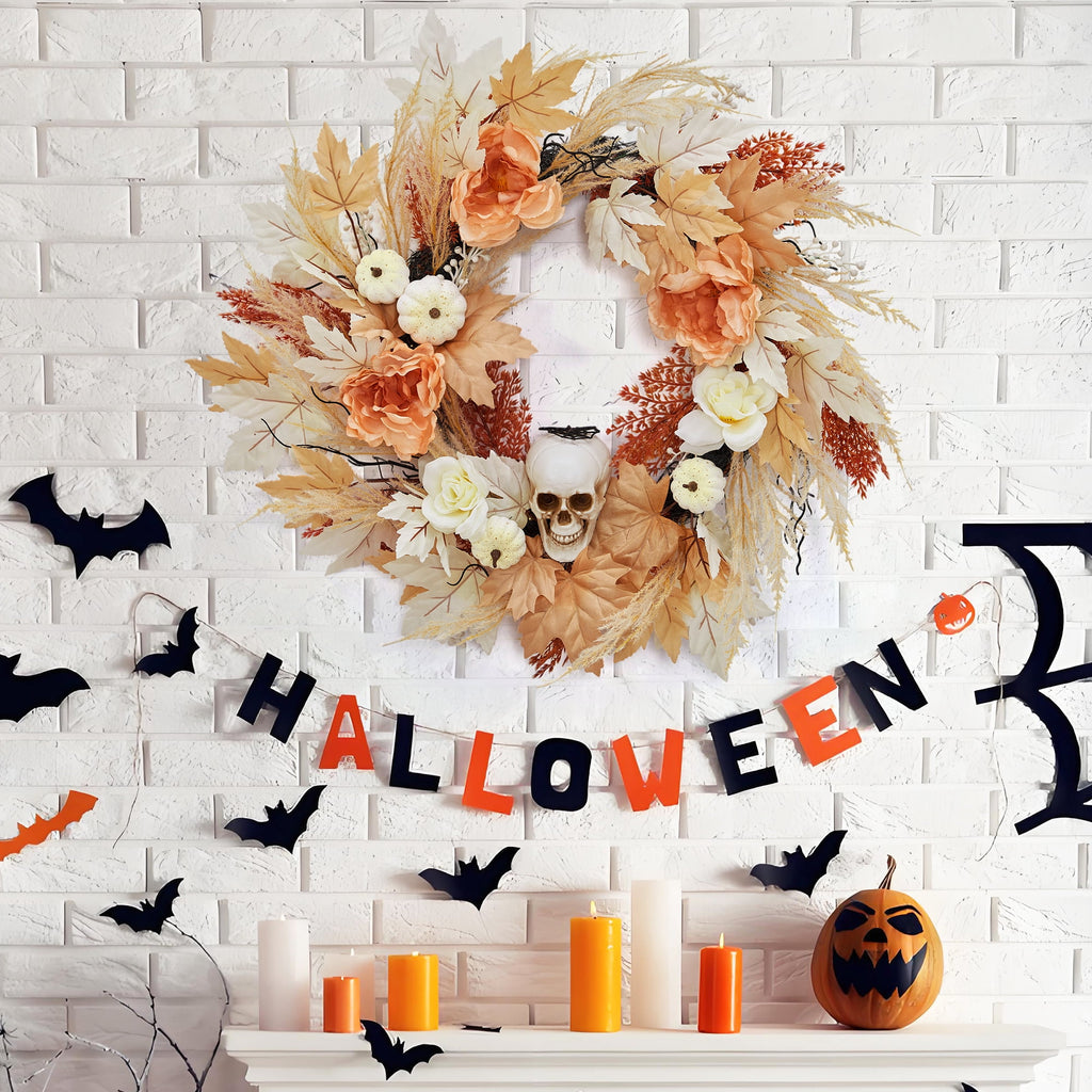 Festisoul 20'' Halloween Wreath for Front Door, Halloween Owl Wreath with Natural Vines and Artificial Roses, Spooky Halloween Props Decoration for Fireplace