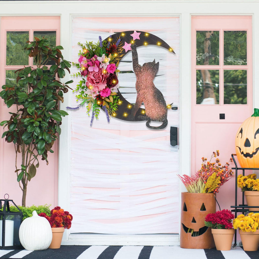 STYZIGZZ 14" Halloween Wreath for Front Door,Moon Cat Halloween Wreaths with Rose,Hanging Floor Door Decoration for Home Party Indoor Outdoor