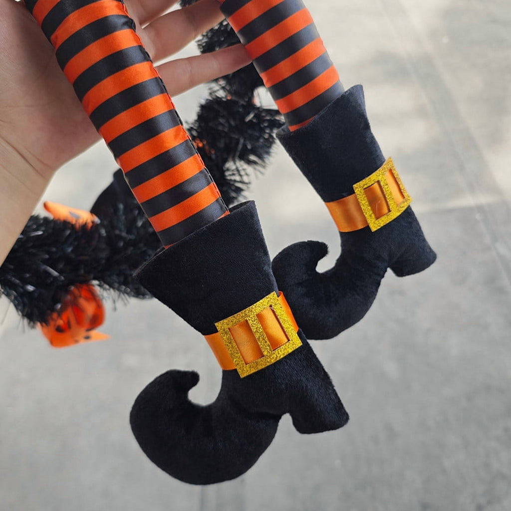 24 Inch Halloween Wreath with Witch Hat and Striped Legs Black Orange Bow Decorative Wreath for Front Door Porch Wall Home Decor