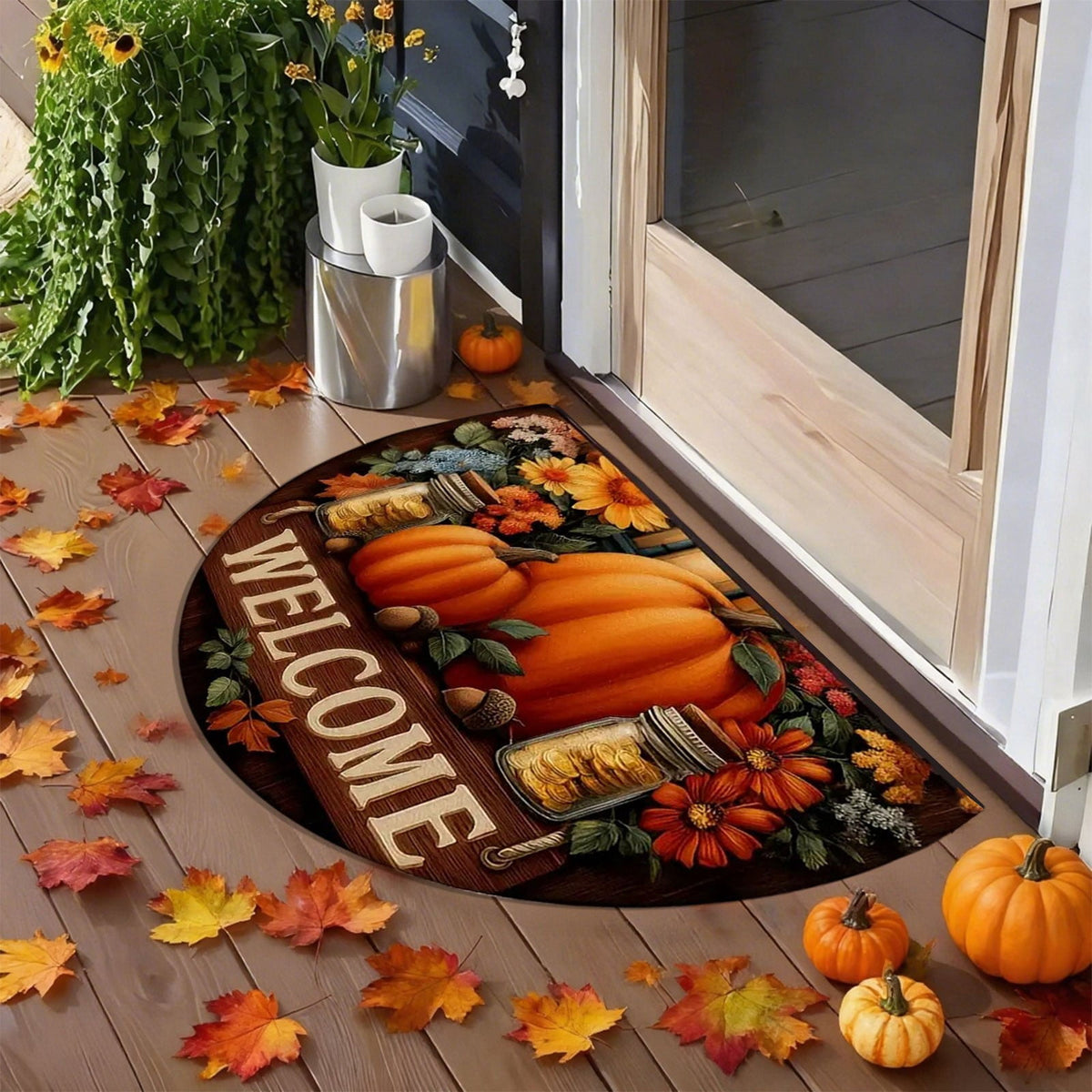 JoyMoreHome Fall Welcome Doormat, Fall Leaves Front Door Mat, Indoor Outdoor Entrance Floor Mats, Non-Slip Washable Thanksgiving Halloween Home Decor Mat