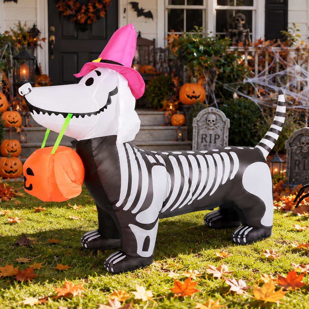 GOOSH Halloween Inflatables 5.7 FT Halloween Inflatable Dog with Build-in LEDs, Inflatable Skeleton Dachshund Dog Halloween Skeleton Puppy Inflatable, Outdoor Halloween Decorations for Holiday Party