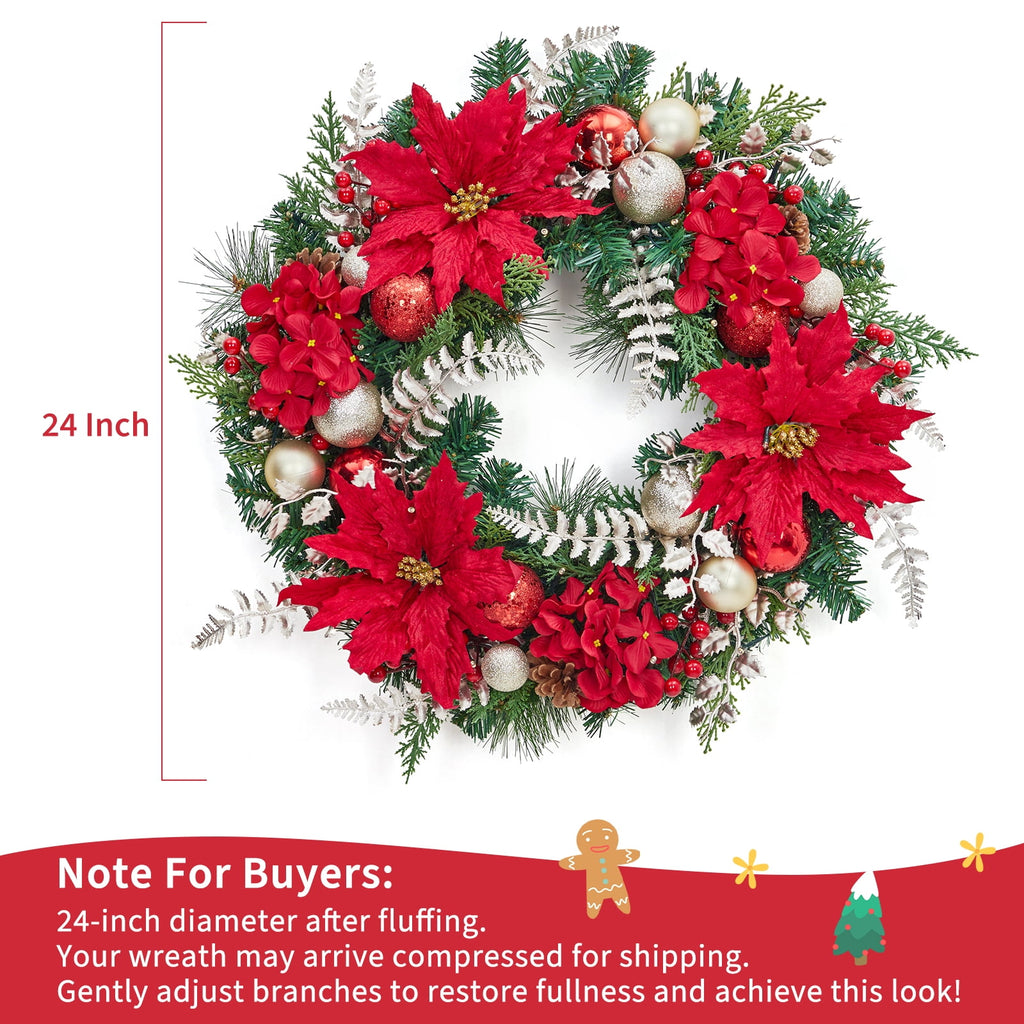 JoanKaren 24 inch Large Christmas Wreath Silver White with 20 LED Lights,Prelit Xmas Wreath w/ Ball Ornaments Pine Cone