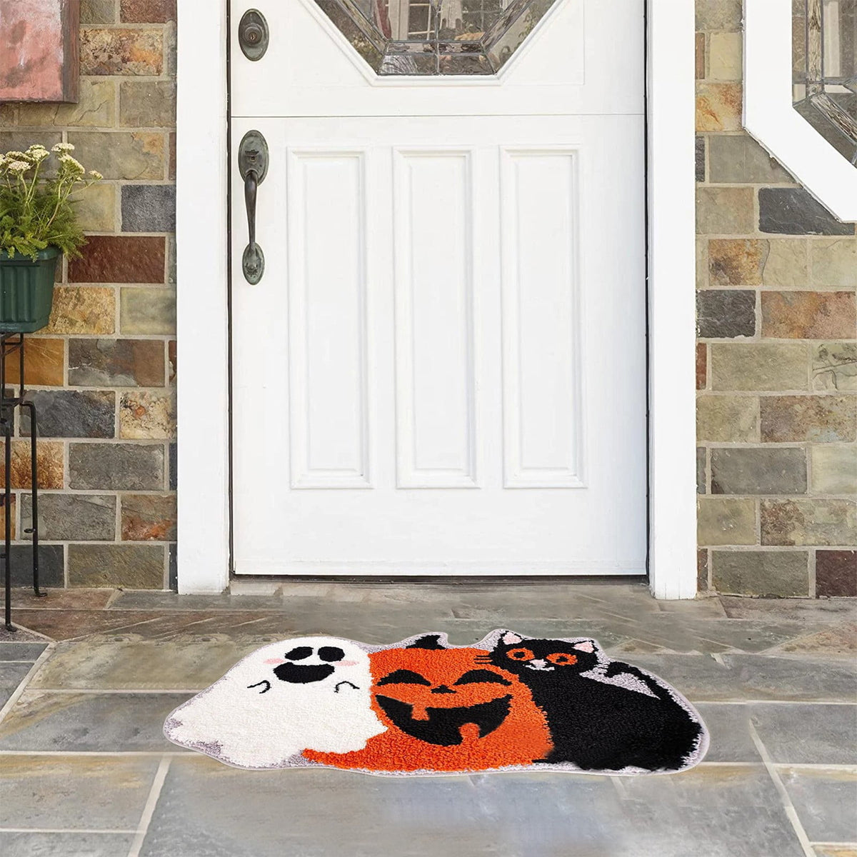 Orange Plaid Fall Outdoor Mat, Hand-Woven Porch Rug for Thanksgiving Halloween Door Decor