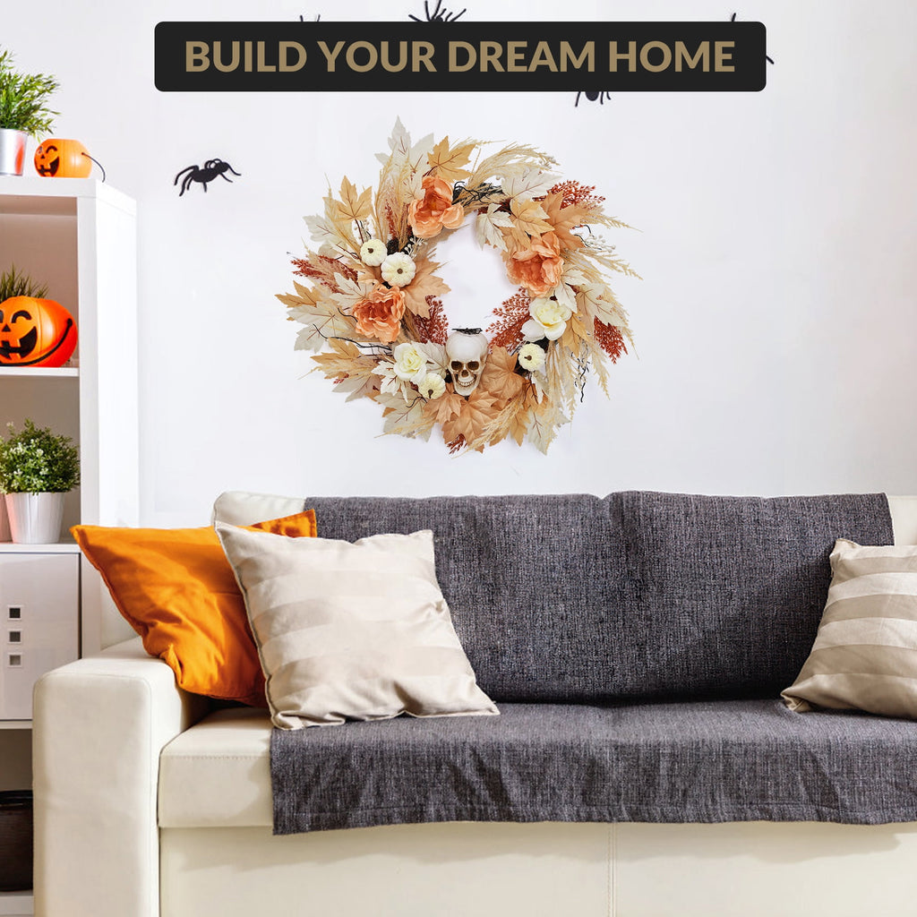 Festisoul 20'' Halloween Wreath for Front Door, Halloween Owl Wreath with Natural Vines and Artificial Roses, Spooky Halloween Props Decoration for Fireplace