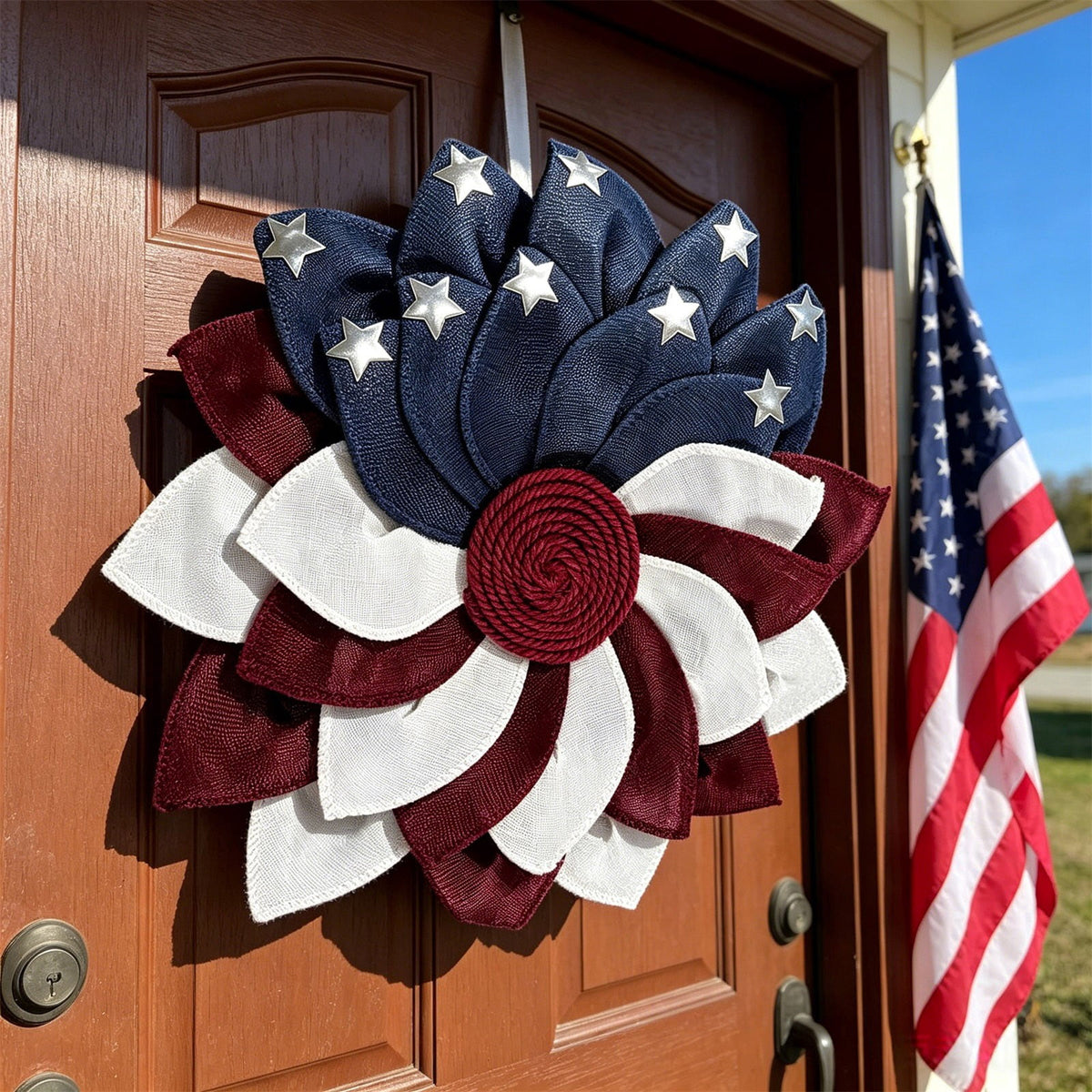 AZXY 20 Inch 4th of July Patriotic Wreath, Red White Blue Mesh Wreath with American Flag Star & Stripe Ribbons, Patriotic Americana Decor for Independence Day Memorial Day Front Door Indoor Outdoor